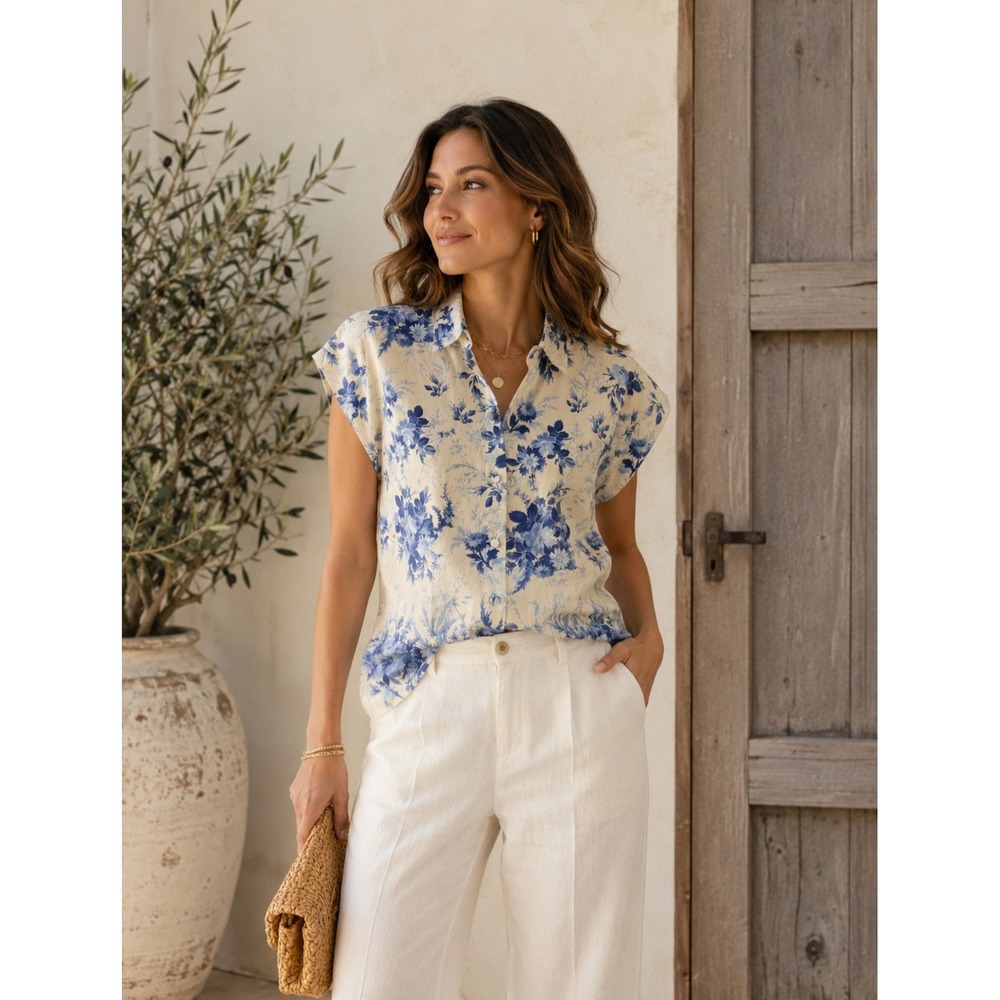 Twinset Milano Blue Floral Linen Cotton Button Down Shirt Made in Italy 38